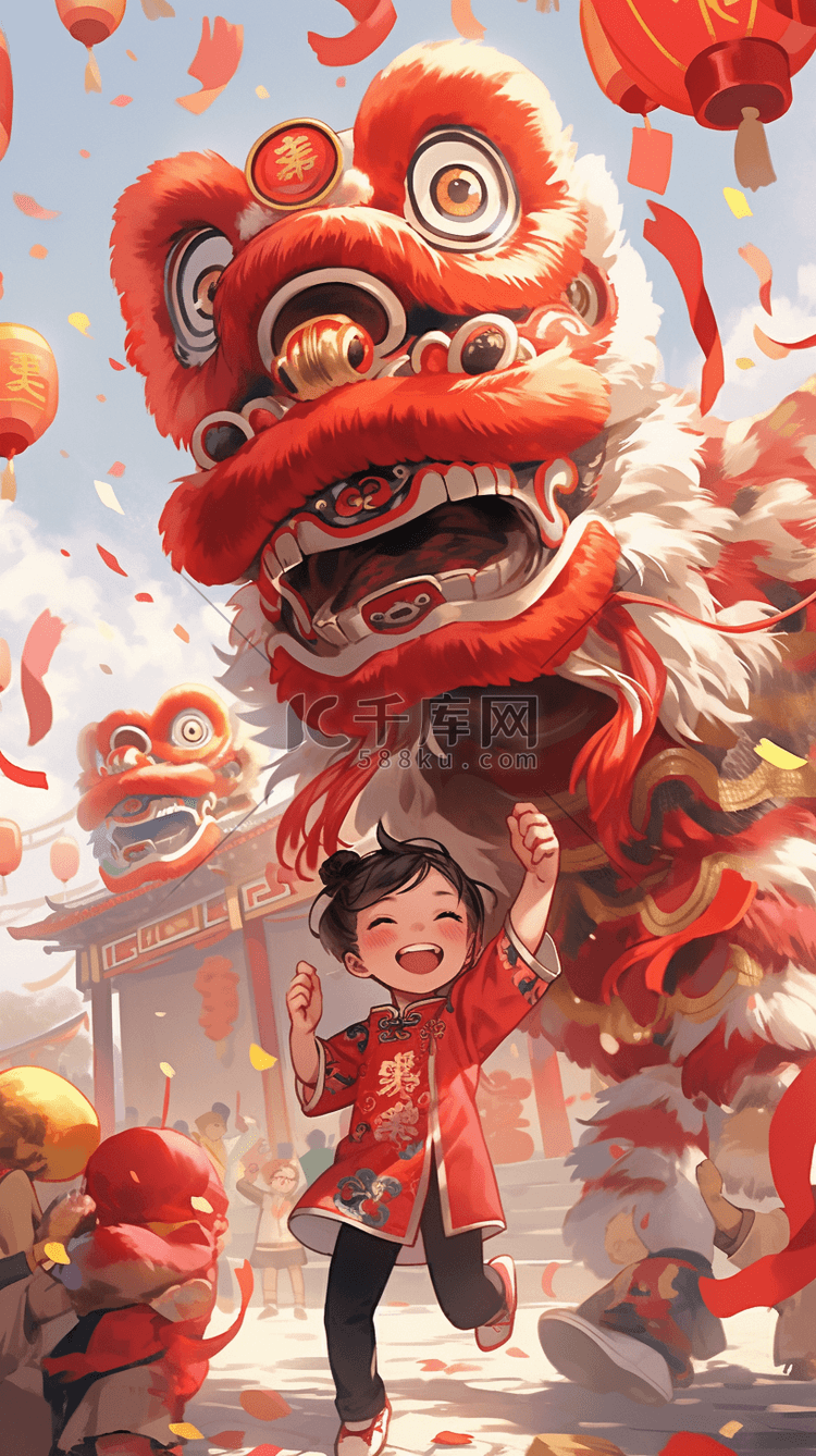 新年舞狮中国风手绘插画图片-千库网