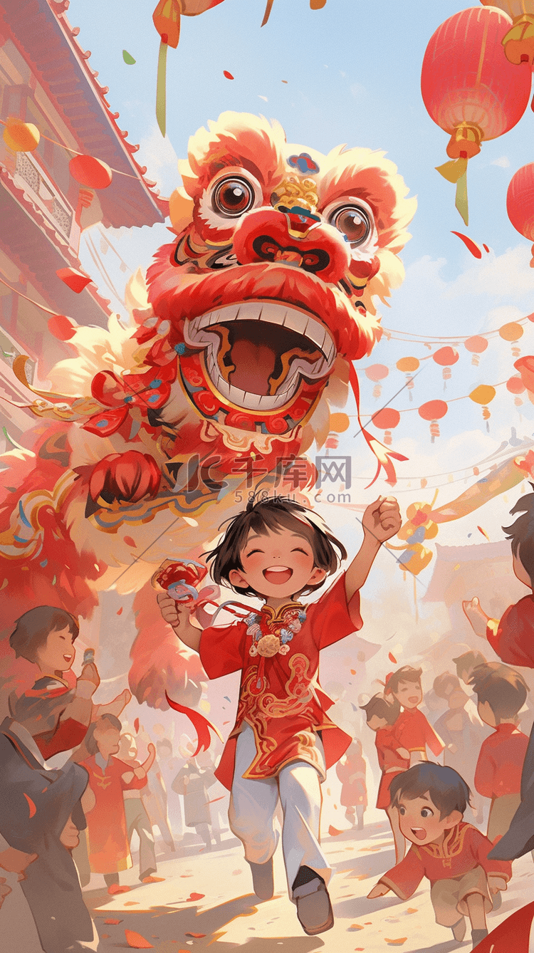 中国风手绘新年舞狮插画图片-千库网