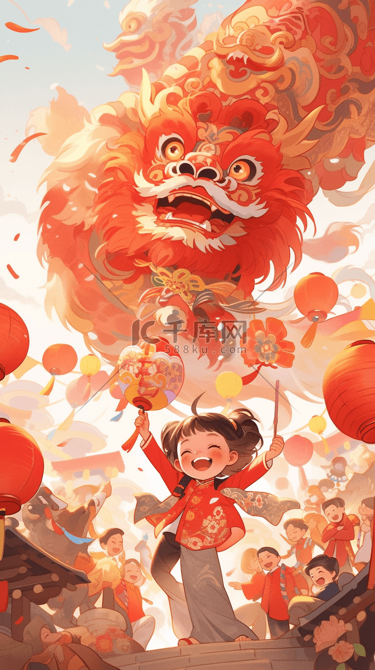 手绘中国风新年舞狮插画图片-千库网