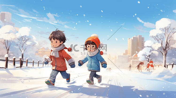 冬天儿童在雪地里打雪仗插画6