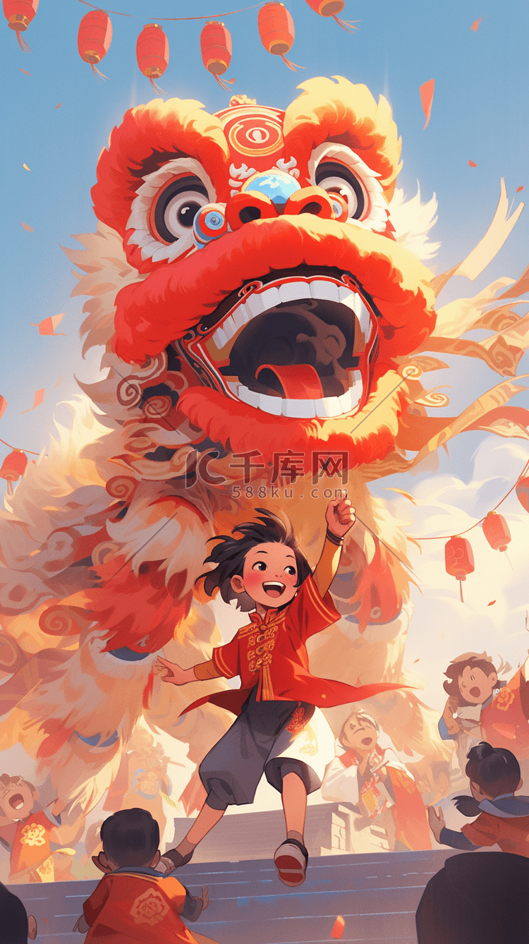 新年舞狮手绘中国风插画图片-千库网
