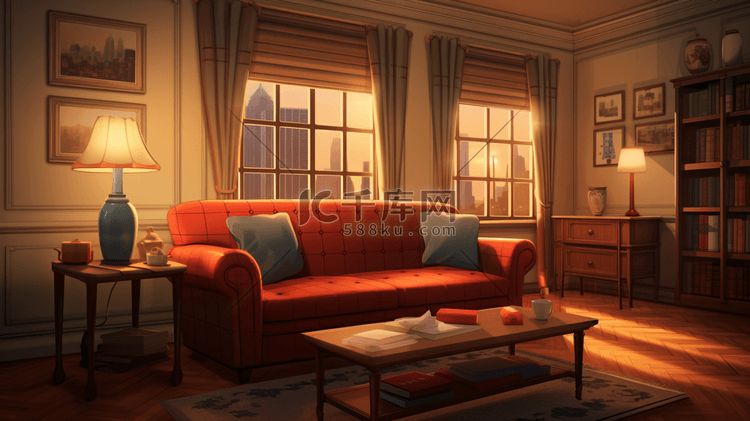 美式客厅沙发一角温馨插画3
