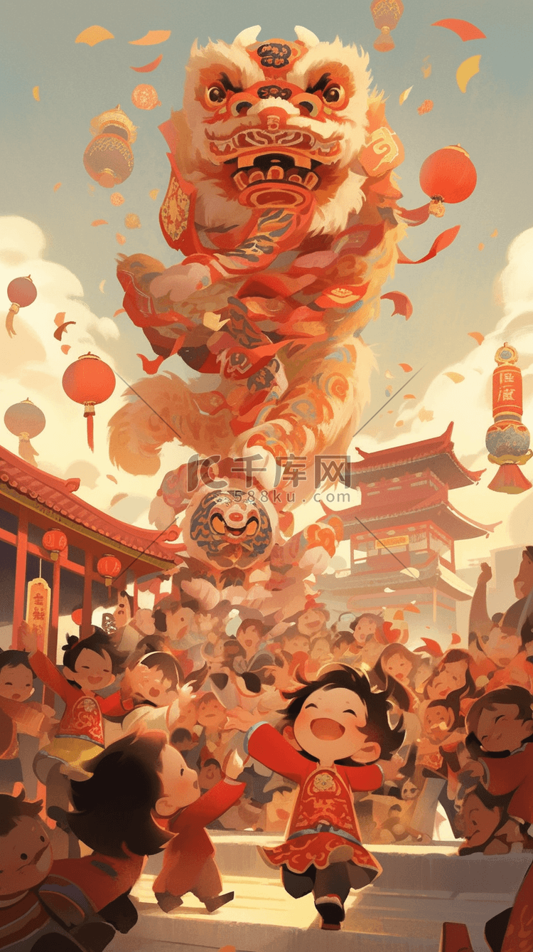 新年舞狮手绘中国风插画图片-千库网