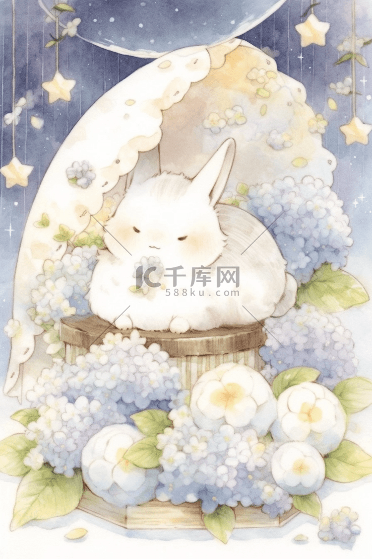 月亮与星星与兔子可爱治愈风插画手账封面