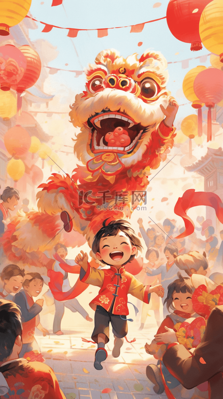 新年舞狮中国风手绘插画图片-千库网