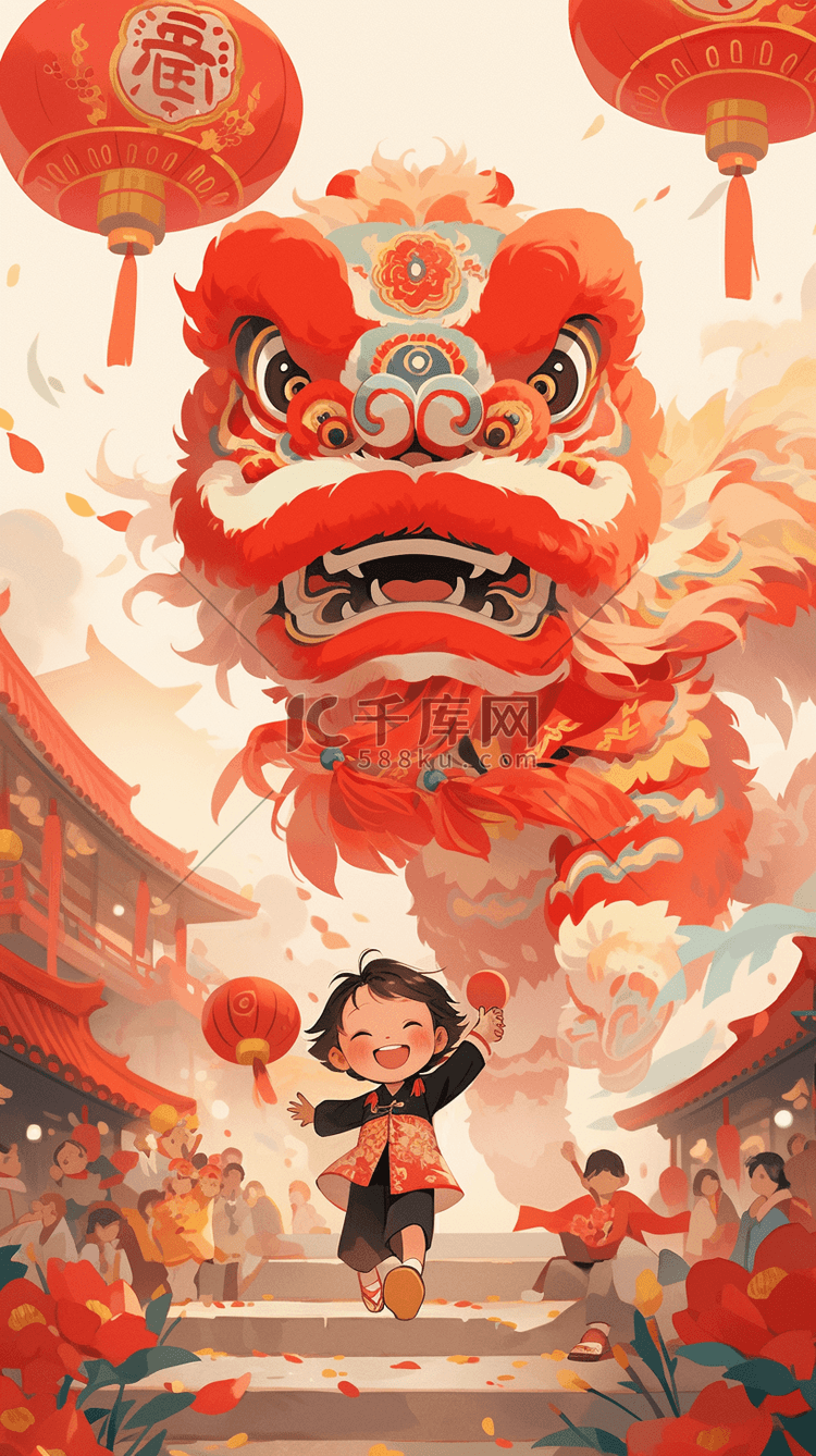 中国风新年舞狮手绘插画图片-千库网