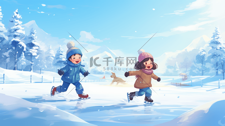 冬天儿童在雪地里打雪仗插画5