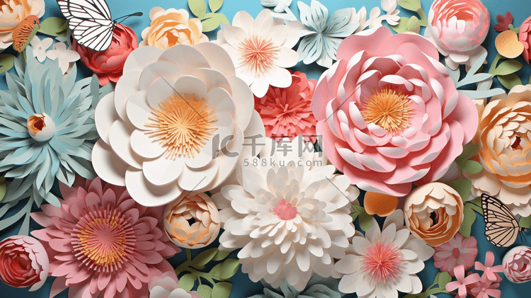 彩色剪纸风花团锦簇的花朵插画6