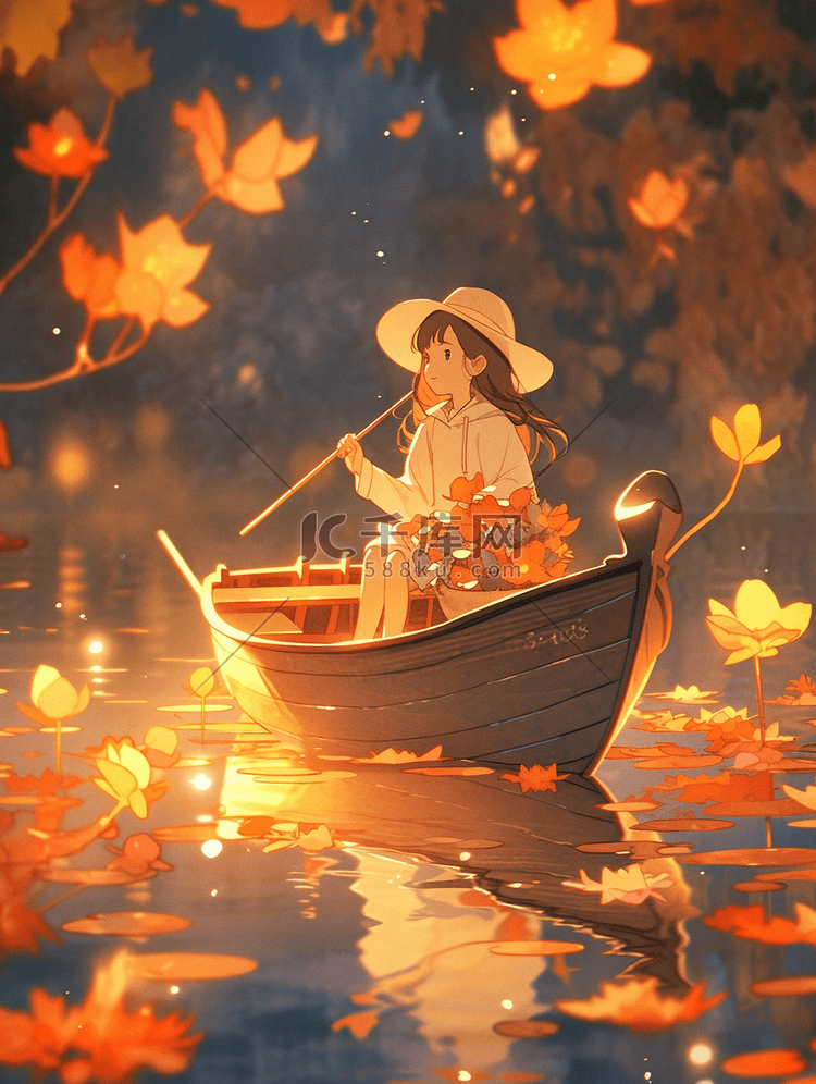 秋季坐在小船上划船的女孩插画10