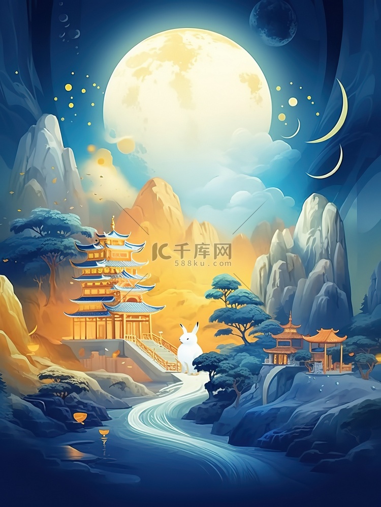 山兔子月饼月亮云海中秋节海报10