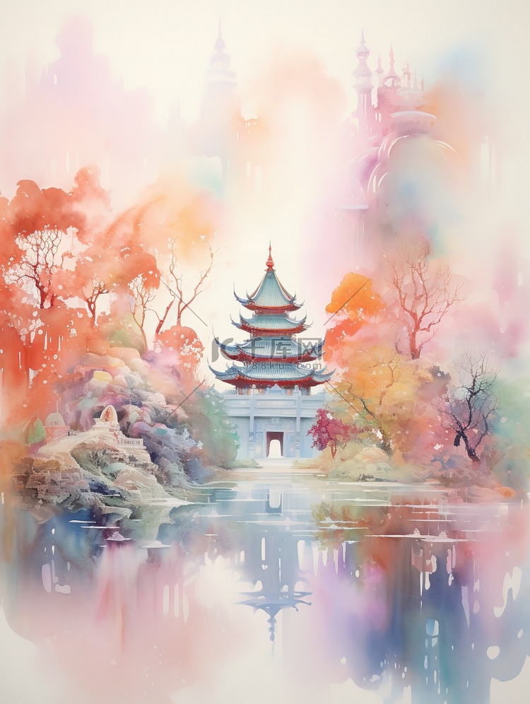空灵抽象彩色中国风山水插画5