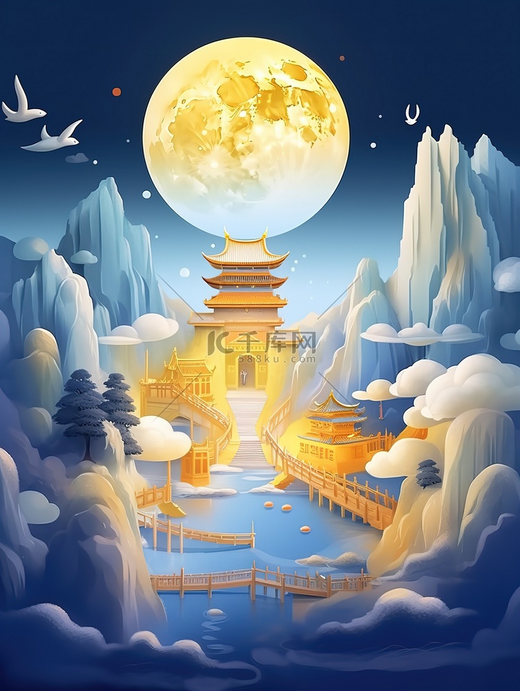 山兔子月饼月亮云海中秋节海报16