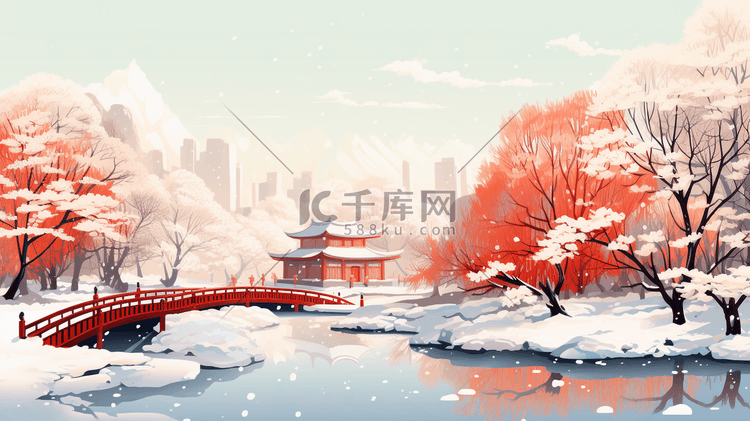 冬季中国风古风建筑山水插画11