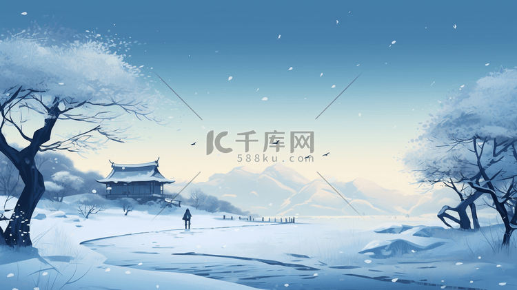 冬季中国风古风建筑山水插画18