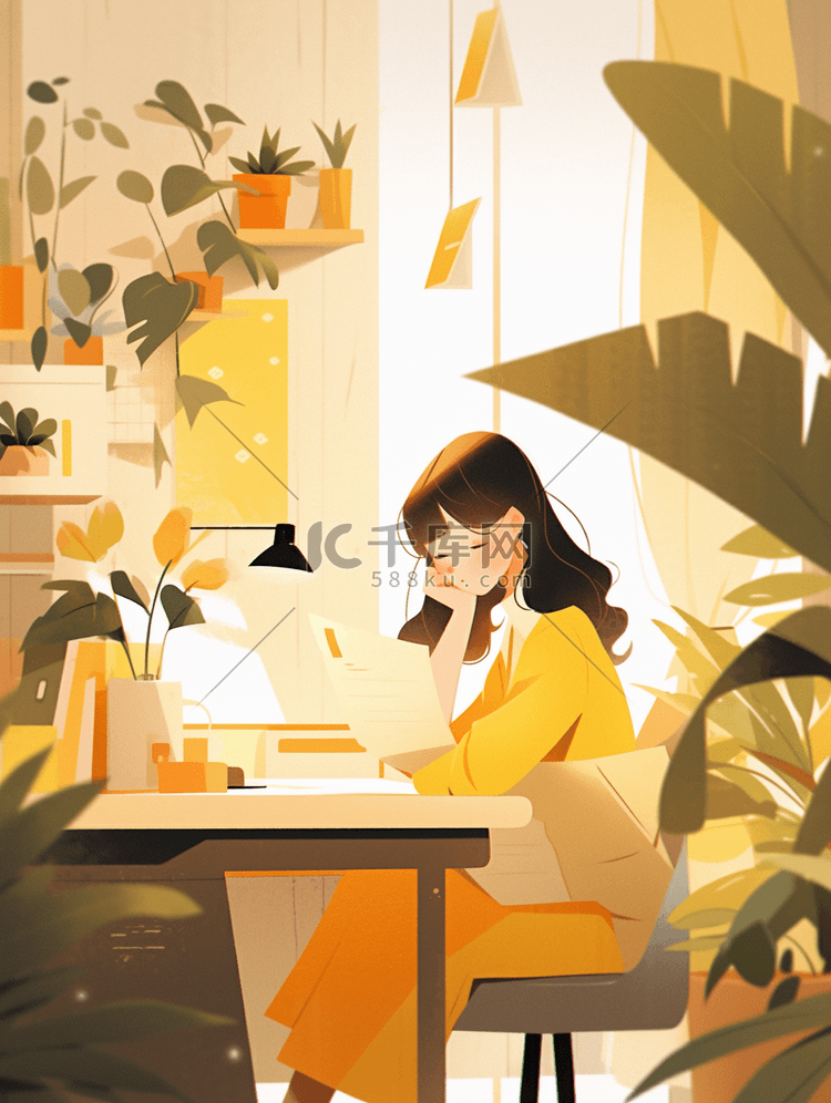 黄色坐在书桌旁读书的女孩插画16