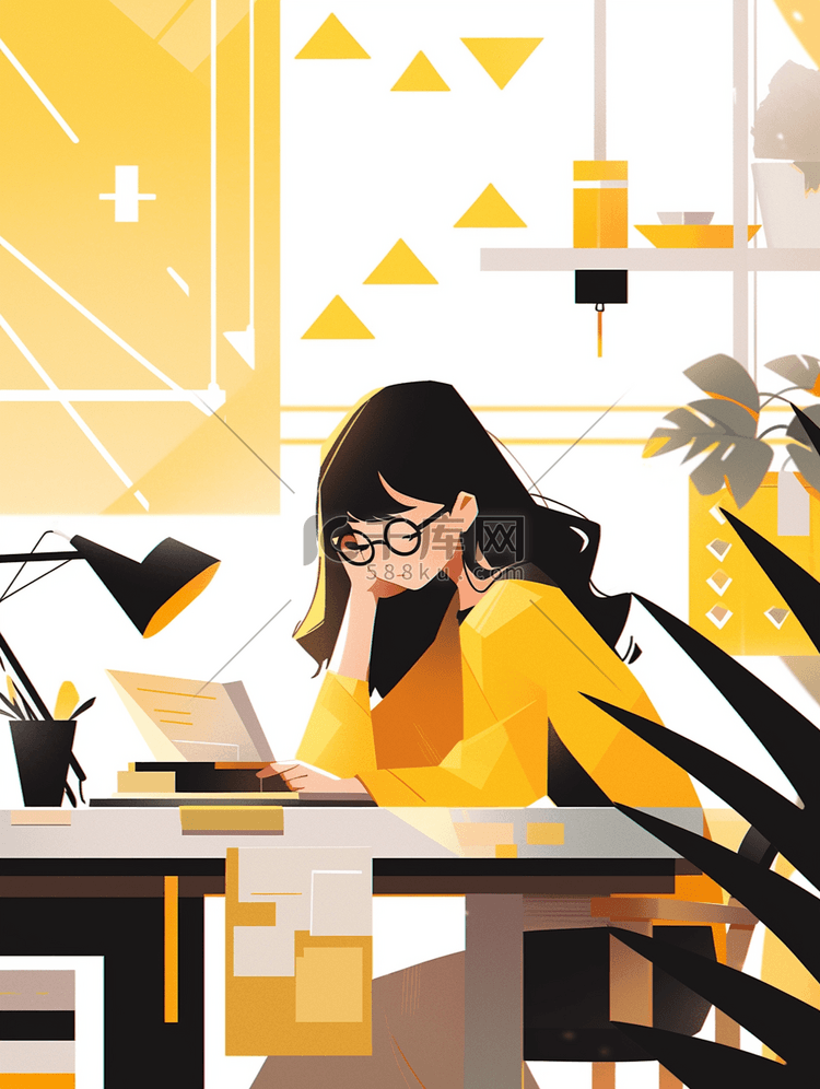 黄色坐在书桌旁读书的女孩插画24