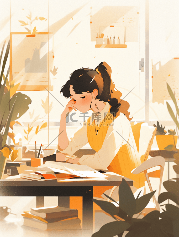 黄色坐在书桌旁读书的女孩插画17