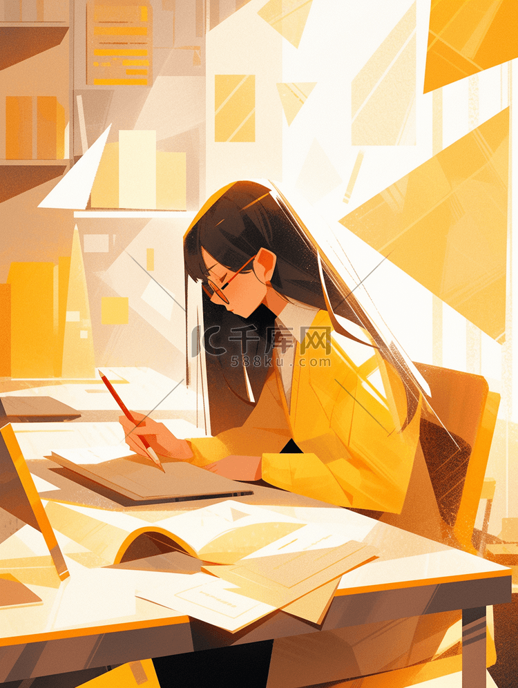 黄色坐在书桌旁读书的女孩插画26