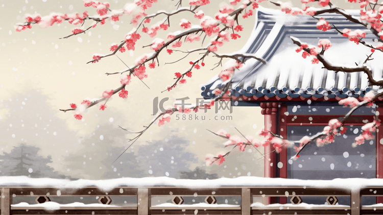 中国风古典围墙外的梅花插画17