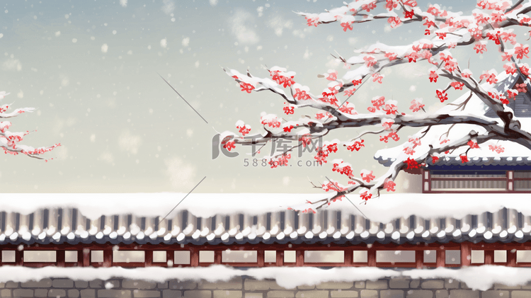 中国风古典围墙外的梅花插画29