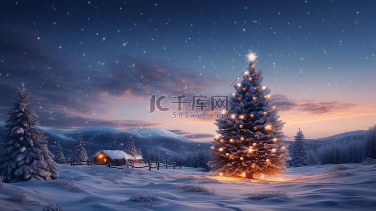 圣诞节平安夜雪景圣诞树插画18