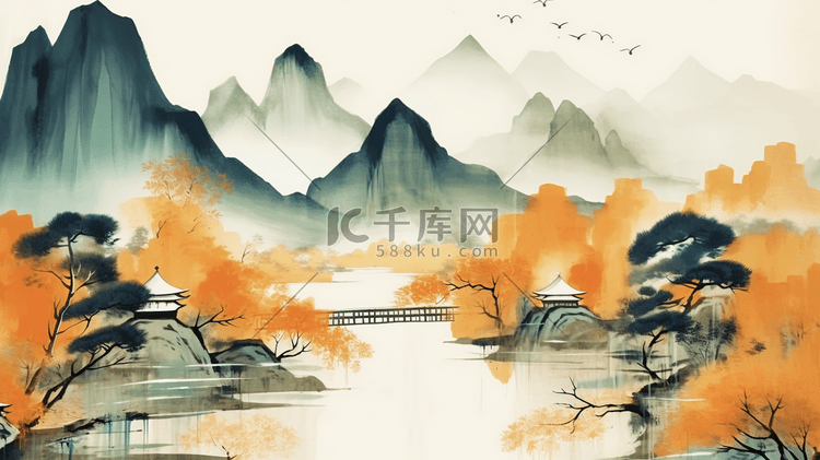 黄色中国风山水风景插画18