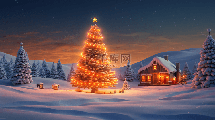 圣诞节平安夜雪景圣诞树插画21