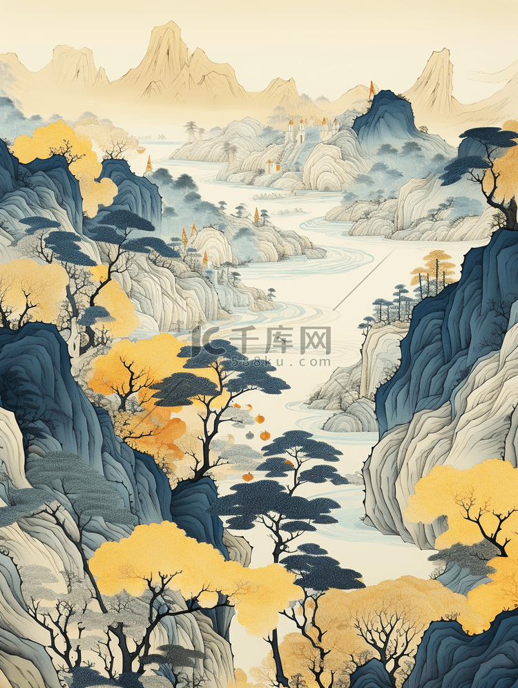 黄色中国风山水风景插画23