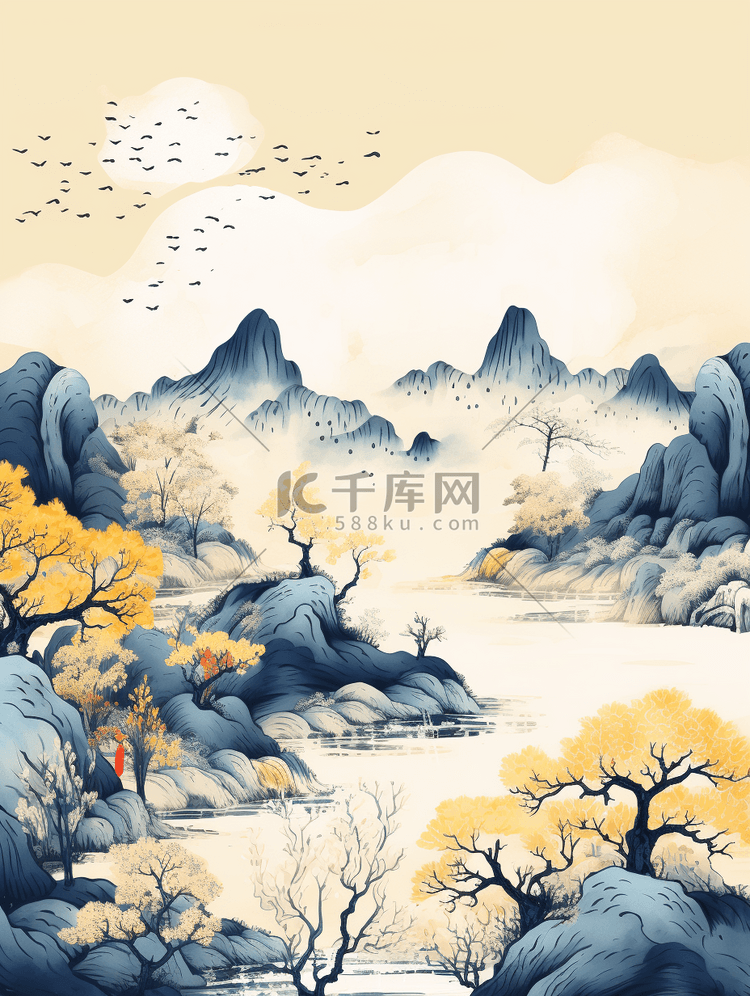 黄色中国风山水风景插画22