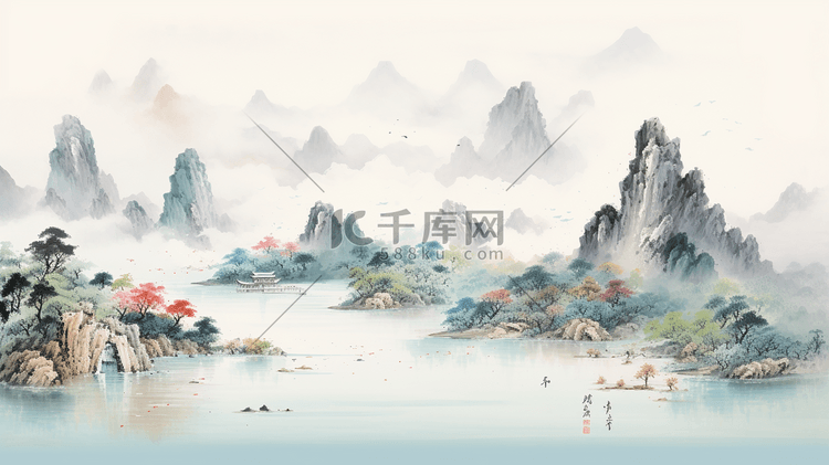 中国古典唯美山水风景插画3