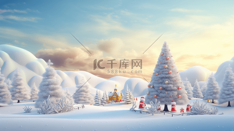 圣诞节平安夜雪景圣诞树插画34