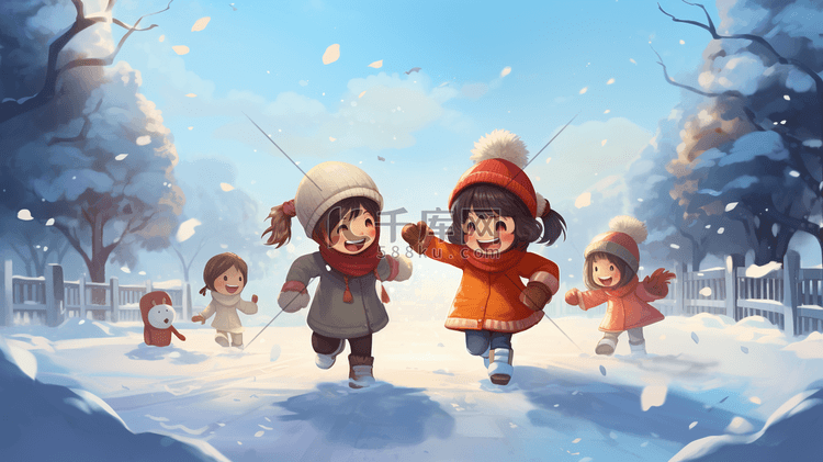 雪地里一起玩耍的孩子插画12