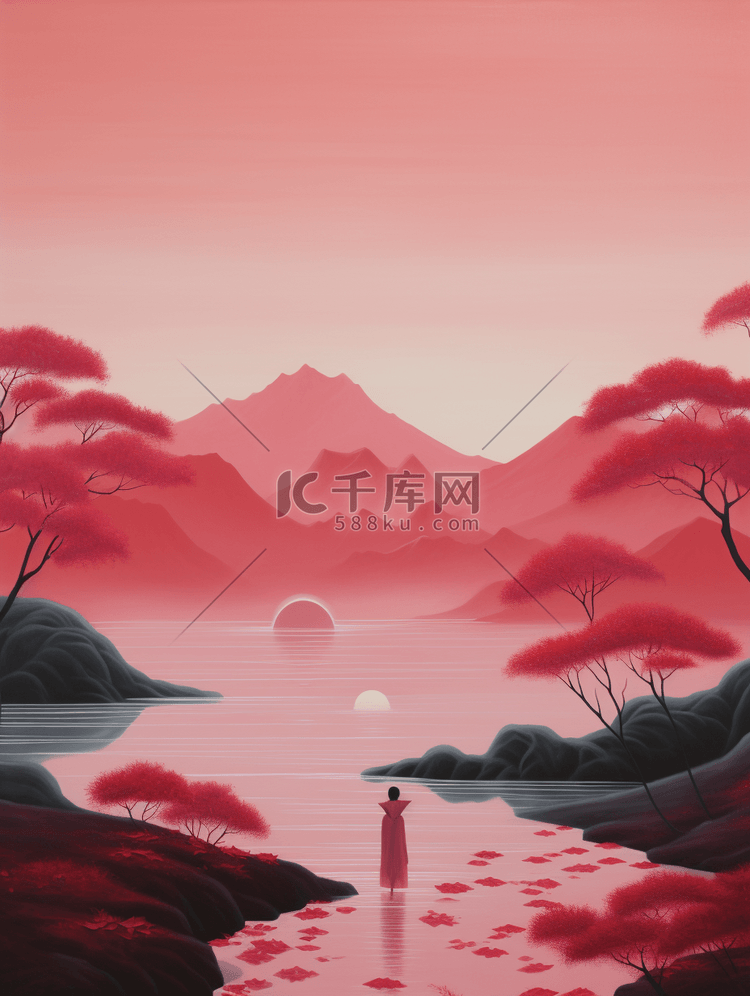 红色中国风山水风景插画3