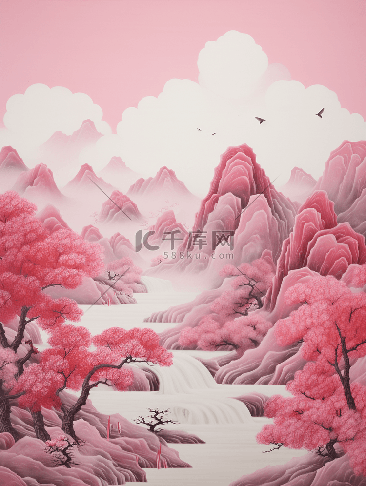 红色中国风山水风景插画1