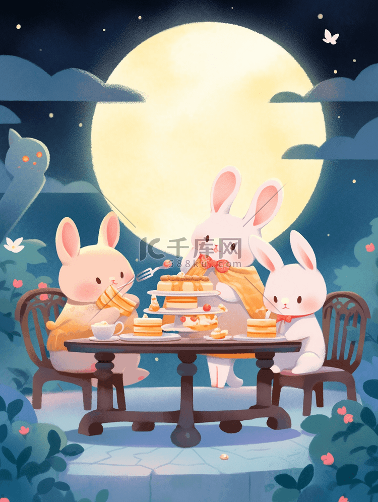 中秋插画小兔子赏月聚会团聚欢庆