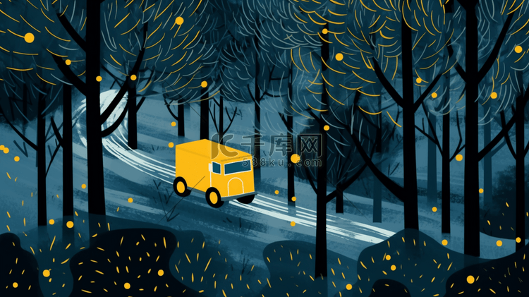夜晚树林里行驶的小汽车插画27