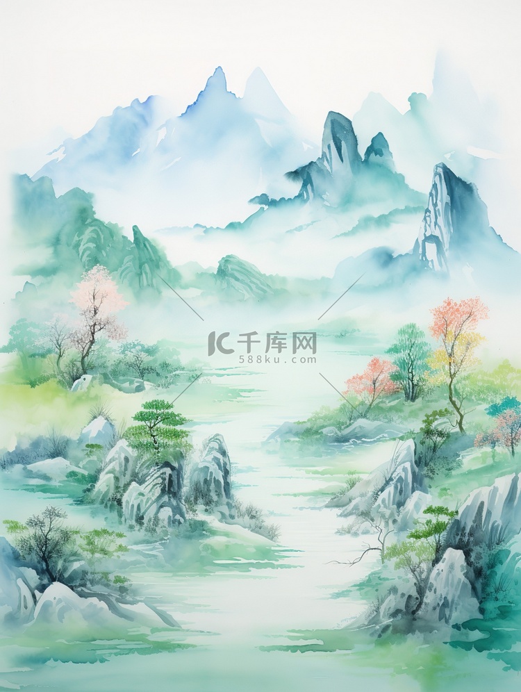 绿蓝黄水彩中国风山水画9