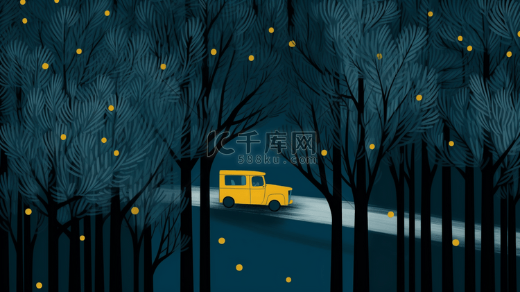 夜晚树林里行驶的小汽车插画22