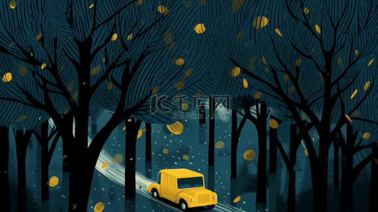 夜晚树林里行驶的小汽车插画14