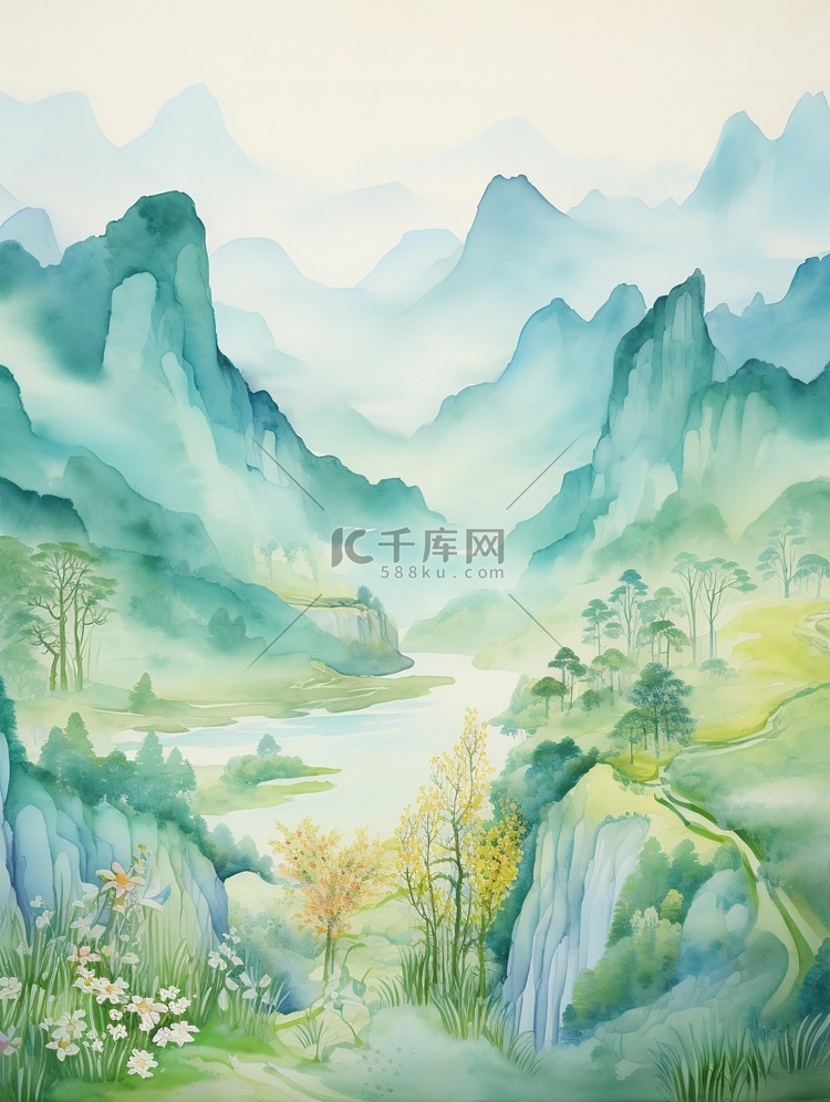 绿蓝黄水彩中国风山水画17