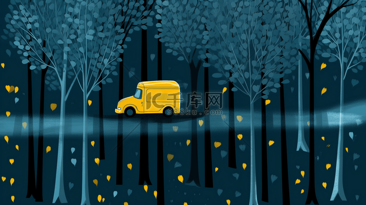 夜晚树林里行驶的小汽车插画18