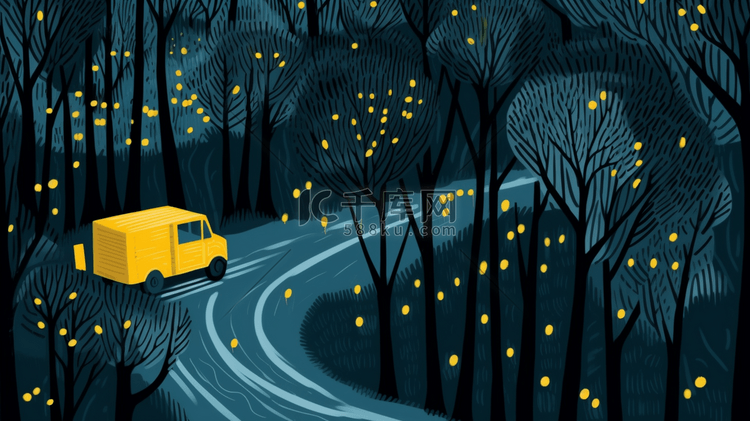 夜晚树林里行驶的小汽车插画17