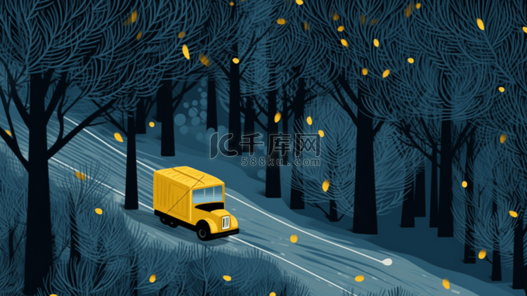 夜晚树林里行驶的小汽车插画8