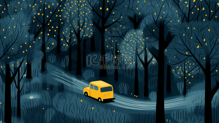 夜晚树林里行驶的小汽车插画1