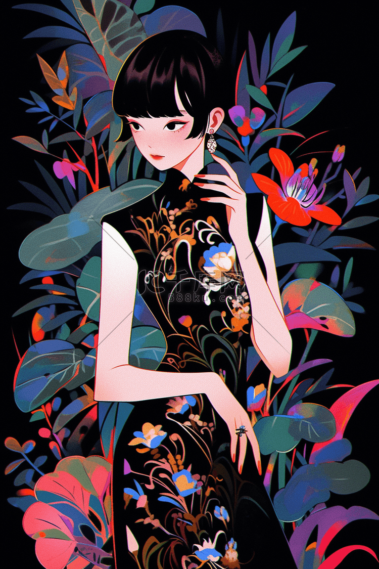 中式国潮手绘女生旗袍插画17