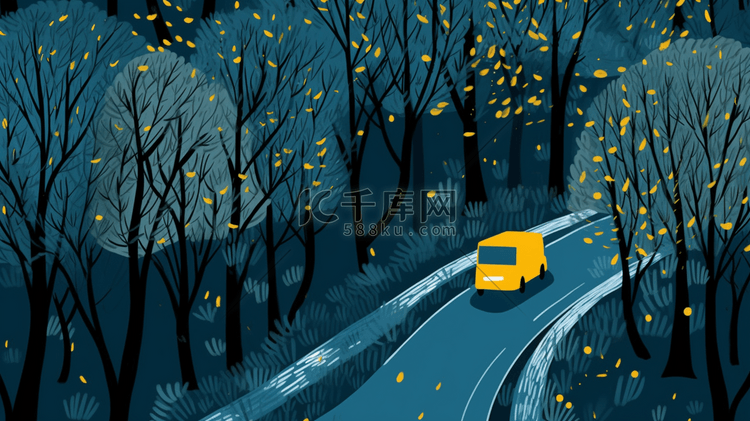 夜晚树林里行驶的小汽车插画25