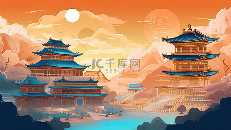 中国风唯美古建筑国潮插画12