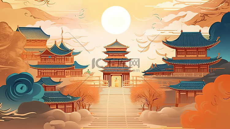 中国风唯美古建筑国潮插画11