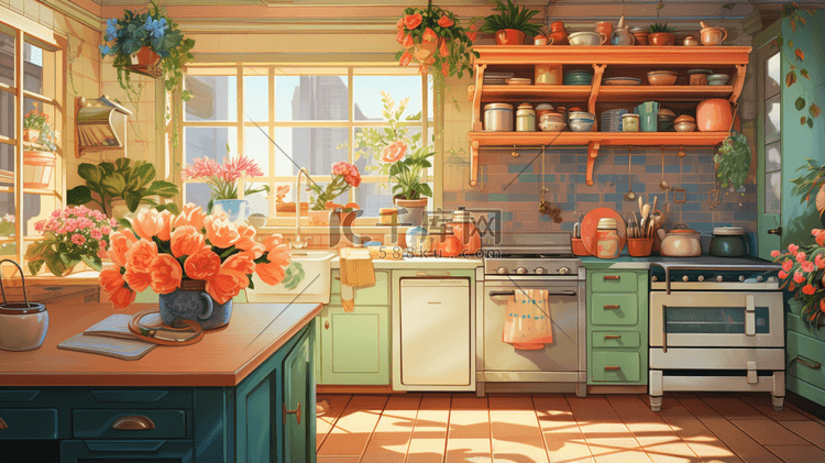 温馨可爱的厨房场景插画1