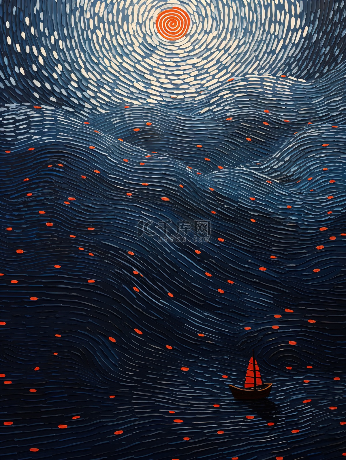 河上漂流的孤舟1插画图片-千库网